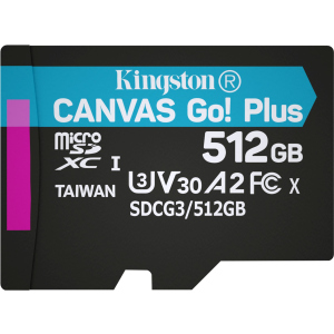 Kingston MicroSDXC 512 ГБ Canvas Go! Plus Class 10 UHS-I U3 V30 A2 (SDCG3/512GBSP) краща модель в Луцьку