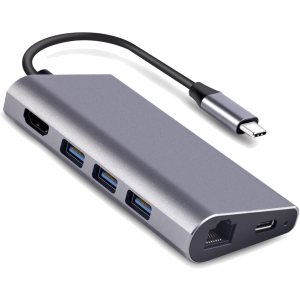 USB-хаб Dynamode USB3.1 Type-C to HDMI + 3хUSB3.0 + Gigabit LAN + USB Type-C Charging + SD/MicroSD до 4K HD 3840x2160 (Dock-USB-TypeC-HDMI-USB3.0-RJ45) ТОП в Луцьку