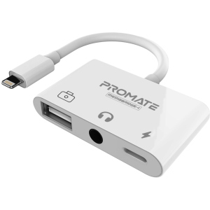 Адаптер Promate MediaBridge-i Lightning/USB 3.0 OTG+AUX 3.5 мм+10 Вт Lightning-in White (mediabridge-i.white) ТОП в Луцьку