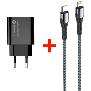 Мережевий зарядний пристрій СolorWay Power Delivery USB Type-C (20W) V2 + Кабель Type-C-Apple Lightning (PD 30W) 3.0А 1 м (CW-CHS026PD-BK/CBPDCL033-GR) в Луцьку