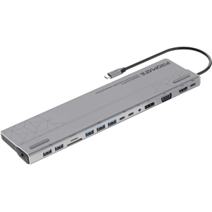 Док-станція 15-в-1 Promate BaseLink-Pro USB-C PD/HDMI/VGA/DisplayPort/3xUSB 3.1/2xUSB-C 3.1/2xUSB 2.0/RJ45/SD/MicroSD/AUX 3.5 mm Gray (baselink-pro.black) в Луцьку