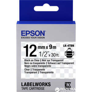 Картридж с лентой Epson LabelWorks LK4TBN 12 мм / 9 м Black/Clear (C53S654012) лучшая модель в Луцке