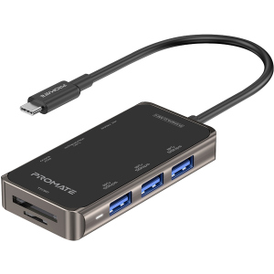 купити USB-C хаб 8-в-1 Promate PrimeHub-Mini USB-C PD/HDMI/3xUSB 3.0/RJ45/SD/MicroSD Grey (primehub-mini.grey)