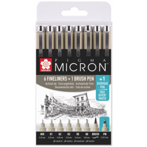 Набір лінерів Sakura Pigma Micron 6 шт 1 лінер-пензель Pigma Brush + Pigma Micron PN в подарунок в Луцьку