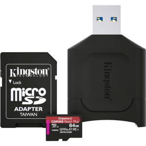 Kingston MicroSDXC 64GB Canvas React Plus Class 10 UHS-II U3 ​​​​V90 A1 + SD-адаптер + USB-кардрідер (MLPMR2/64GB) ТОП в Луцьку