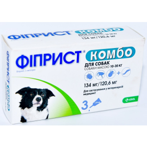 Краплі від бліх та кліщів KRKA Фіприст Комбо на холку 3 піпетки по 1,34 мл для собак масою тіла 10-20 кг (3838989645540) в Луцьку
