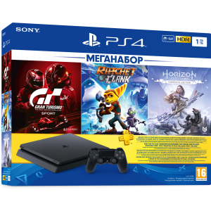 Ігрова приставка PlayStation 4 1ТБ Black у комплекті з 3 іграми та підпискою PS Plus (Ratchet &amp; Clank + Horizon Zero Dawn + Gran Turismo Sport + PS Plus 3 місяці) в Луцьку